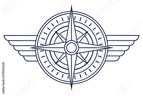 Navy Blue Compass Rose with Wings Emblem on White Background logo