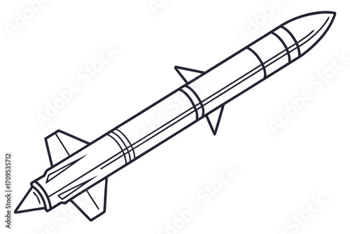 Outline Drawing of a Long Missile with Fins and Stripes on White Background rocket weapon