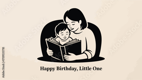 Illustration of a mother reading a book to her child with happy birthday little one text below it