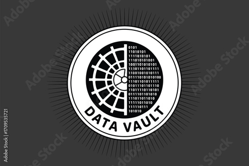 A stylized data vault logo with binary code and radiating lines on a gray background design element
