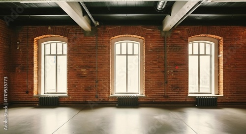 Industrial Interior with Three Windows in Red Brick Wall | Loft Space for Architecture, Design and Real Estate Marketing