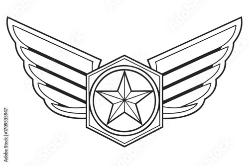 Outline Emblem of Wings with a Hexagonal Star Badge insignia