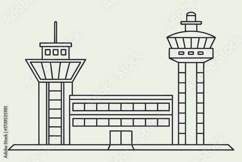 Outline illustration of an airport control tower and terminal building aviation