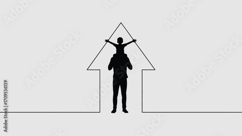 A silhouette of a father carrying a child on his shoulders inside an arrow shaped line drawing