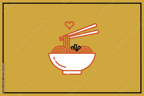 A stylized illustration of a bowl of noodles with chopsticks and a heart on a mustard colored background