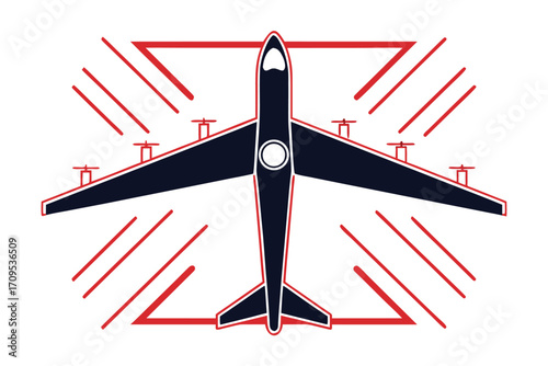 Overhead view of a dark blue airplane with red geometric accents aircraft aviation