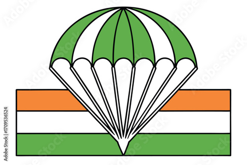 Parachute with green and white segments above a flag with orange white and green stripes skydiving