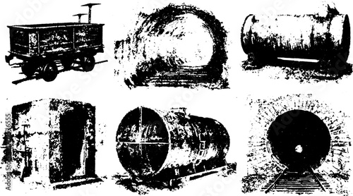 Engraving of industrial machinery and structures. Vintage illustration featuring a set of carts and tunnels in black and white vector format.