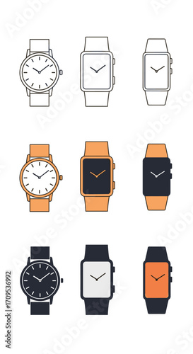 Collection of analog and digital watches with different watch faces.