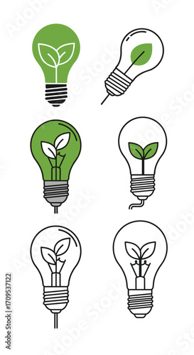 Green energy light bulb and leaves innovation symbol.
