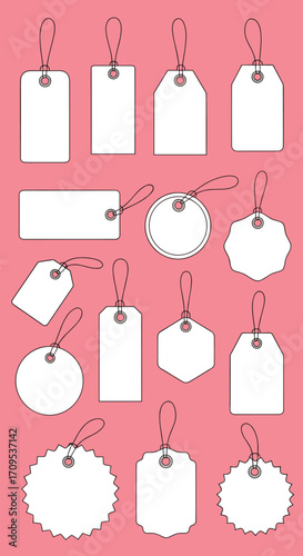Collection of blank white paper tags with red strings.