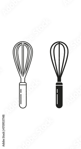 Set of two whisks for baking cooking and food preparation tools.