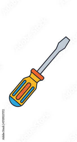 A simple flat head screwdriver with a yellow and orange handle is shown against a white background.
