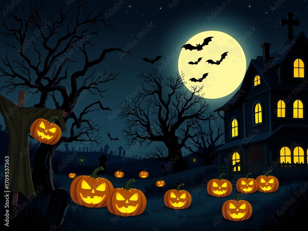 Fototapeta premium Spooky halloween night with glowing jack o lanterns and haunted house under a full moon