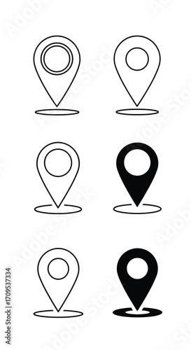Location map pin markers outline and solid icons set.