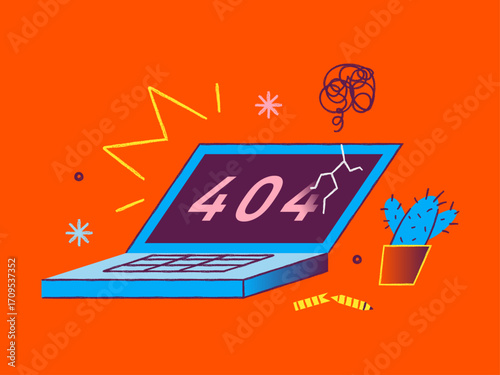 laptop with a lot of books A laptop displaying “404”, on an orange background with decorative lines