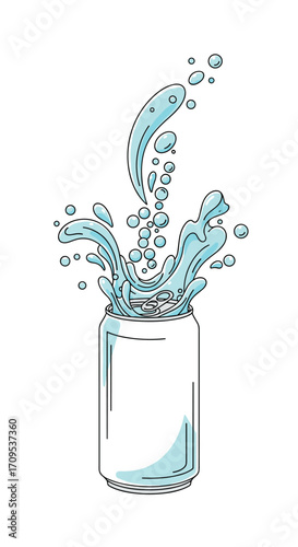 A refreshing water splash erupts from the top of a can.
