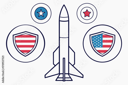 Rocket with American Shields and Stars on White Background missile spacecraft