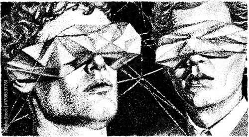Vintage illustration of two people with geometric shapes. Black and white vector art on a modern and abstract concept set.