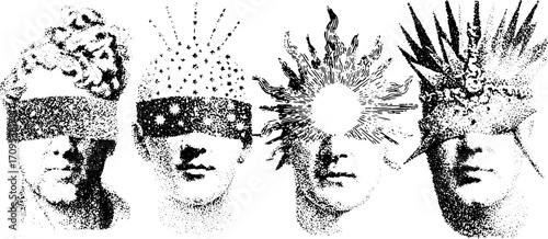 Vintage busts with blindfolds featuring unique designs in a monochrome vector illustration set. Art with classical and conceptual styles.