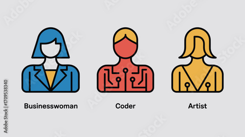 Illustration of businesswoman coder and artist icons representing different professions and skills
