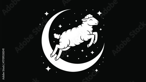 A stylized illustration of a white sheep jumping over a crescent moon surrounded by stars on black
