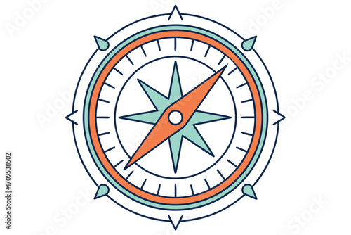 Stylized Compass Rose with Orange and Teal Accents on White navigation direction