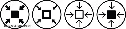 Minimize icon.Minimize icon rally compact size small scale arrows icons . shrink icon resize in arrows.minimize icon four 4 arrows icon meeting point.Minimize Icon with reflection on white background.