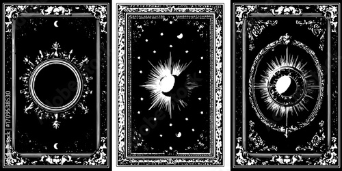 Vector illustration featuring black and white frames with celestial designs, including moons and stars. This decorative set offers a unique style.