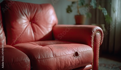 Red leather armchair with a hole