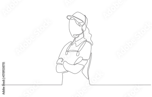 Continuous one line drawing of fast food worker wearing headset and cap with arms crossed, symbolizing confidence, readiness, and frontline service roles, single line art.