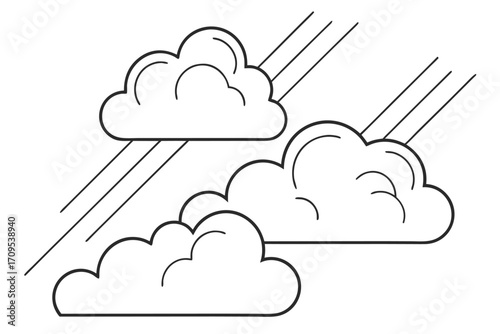 Stylized Outline of Three Fluffy Clouds with Diagonal Lines weather atmosphere
