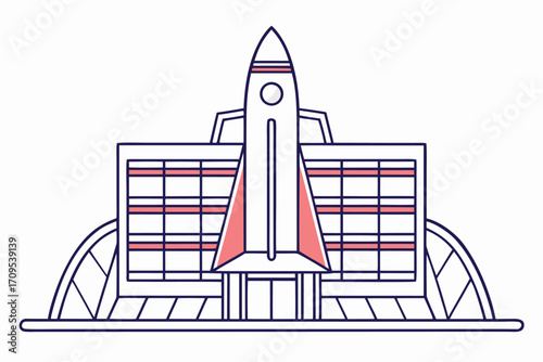 Stylized Rocket Launching from a Modern Building Facade Keywords: rocket, launch, space, science