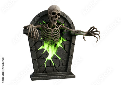 A skeletal figure emerges from a cracked tombstone, illuminated by eerie green light, creating a spooky and captivating image.