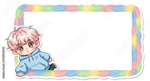 Cartoon Boy with Frame, Colorful Pastel Rectangle Border Element