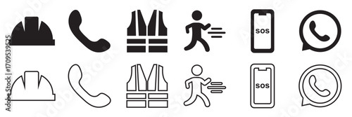 Emergency safety and communication icon . Collection of safety and emergency icons including hard hat, phone, vest, running figure, SOS phone, and WhatsApp communication symbols. vector illustration
