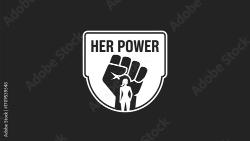 A graphic of a white emblem with the words her power above a fist and a woman silhouette inside it