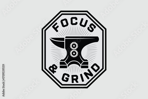 A black and white logo featuring an anvil with gears inside an octagon with the words focus and grind