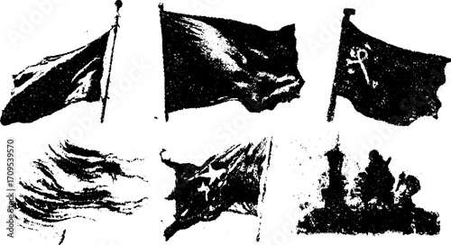 Flags and banners in black and white. Simple graphic illustration set of emblems waving with texture representing history, in vector format.