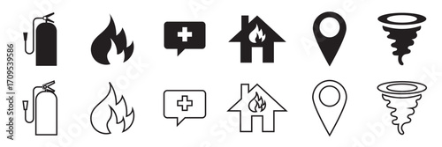 Emergency safety and communication icon . Disaster and emergency safety icons featuring fire extinguisher, flames, medical chat, burning house, location marker, and.tornado symbol vector illustration
