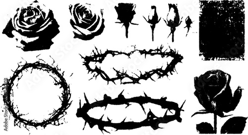 Black rose and thorn vector illustration set featuring simple shapes and details, ideal for various design contexts.