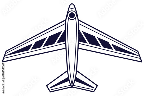 Top view of a stylized airplane with dark blue accents on white background aircraft aviation