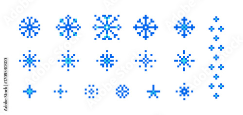 Pixel snowflakes set on white background. Abstract blue geometric shapes, minimal mosaic patterns, crystals, ice, snow. Retro 8 bit winter vector elements for nostalgic design, Christmas holiday decor