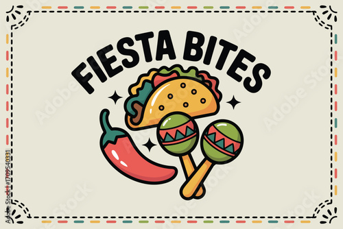Illustration featuring a taco, chili pepper, and maracas with the text fiesta bites on a bordered background