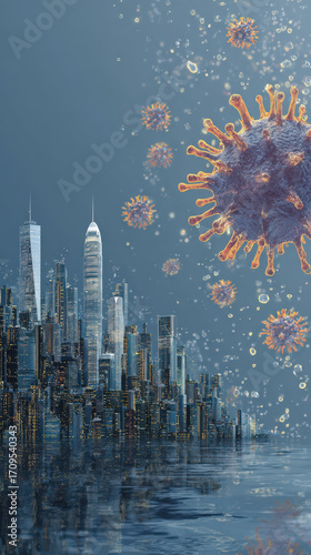 Futuristic cityscape is juxtaposed with floating virus particles, symbolizing impact of pandemics on urban environments and importance of preparedness