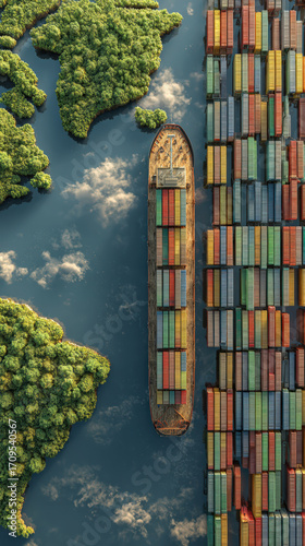 Aerial view of cargo ship navigating through narrow waterway surrounded by lush green islands, with colorful shipping containers on board, reflecting global trade and sustainability