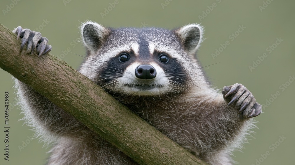 Obraz premium Curious raccoon climbing on branch with expressive facial features