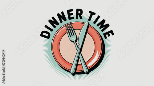 Illustration of dinner time with a plate, fork, and knife in a stylized graphic design format