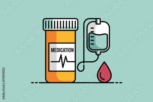 A cartoon illustration of a medication bottle with a heart monitor line and an iv bag with a blood drop