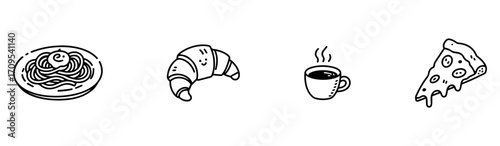 A hand-drawn set of minimalist food icons including pasta, pizza, croissant, and coffee